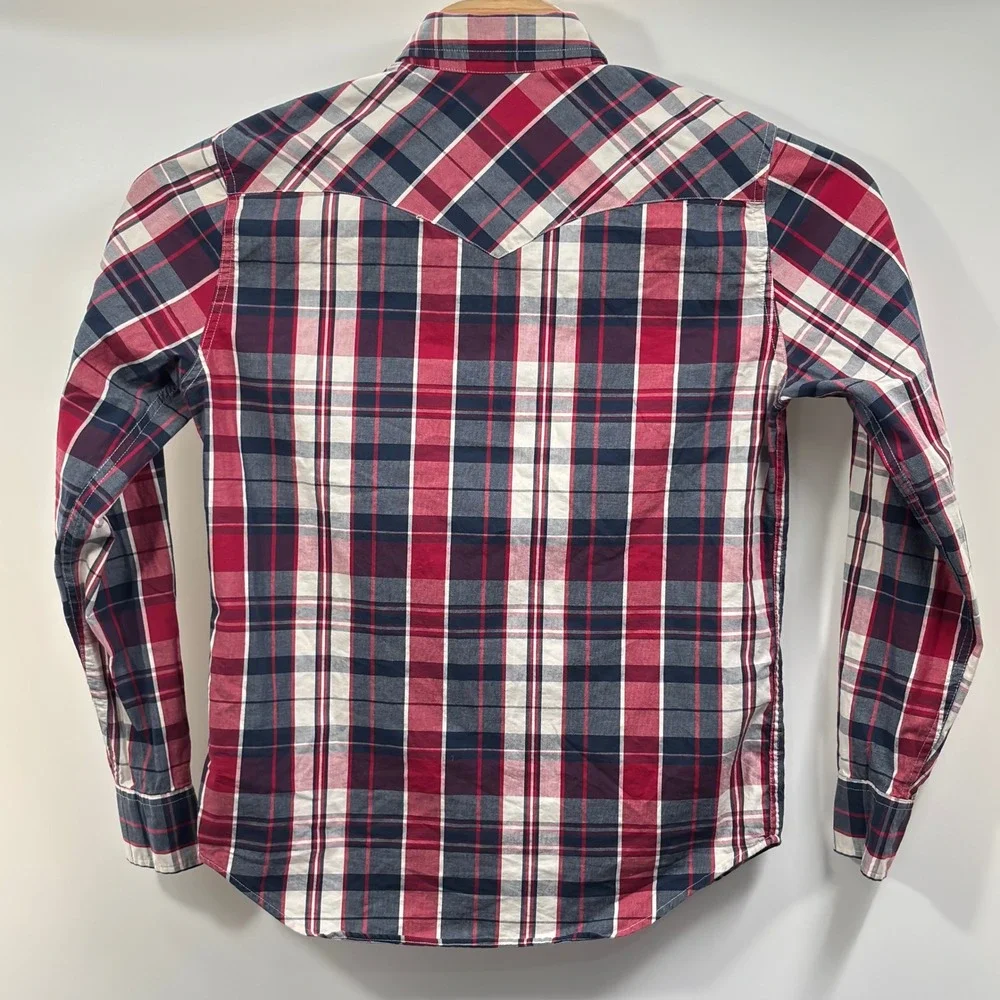 Levi's Plaid Western Shirt Mens M Red Blue Pearl Snap Long Sleeve